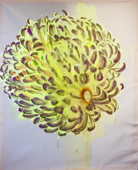 Un Chant Ecarlate, jaune, 2018, Gesso, acrylic, metalpaint, 250x195 cm "Un Chant Ecarlate", # jaune, 2018, Gesso, acrylic, metalpaint and marker pen on restoration polyester, 250x195 cm